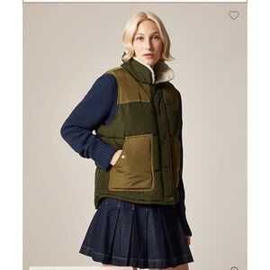J.CREW Colorblock Puffer Vest with PrimaLoft Small Olive Green‎ Khaki NEW Sherpa